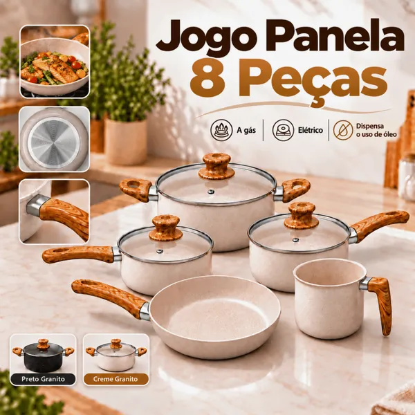 Conjunto de Panelas 8 Peças Caçarola Frigideira Cerâmica Antiaderente Premium Tampa Vidro Temperado