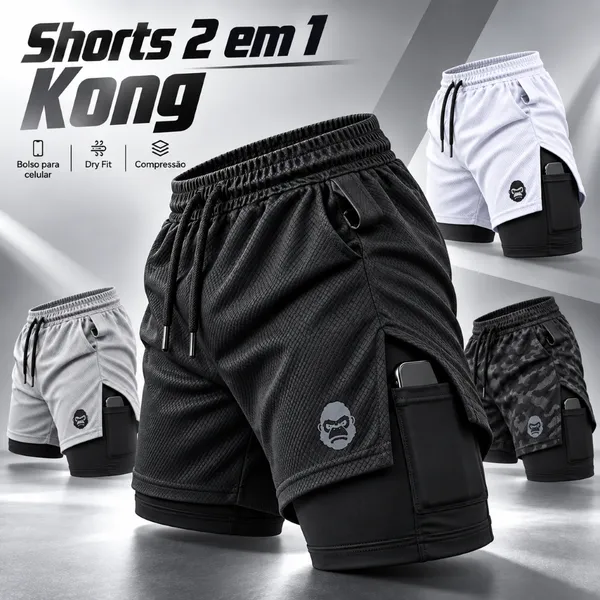 Shorts Masculino 2 em 1 Dry Fit Academia Corrida Bermuda de Compressão com Bolso Celular Kong