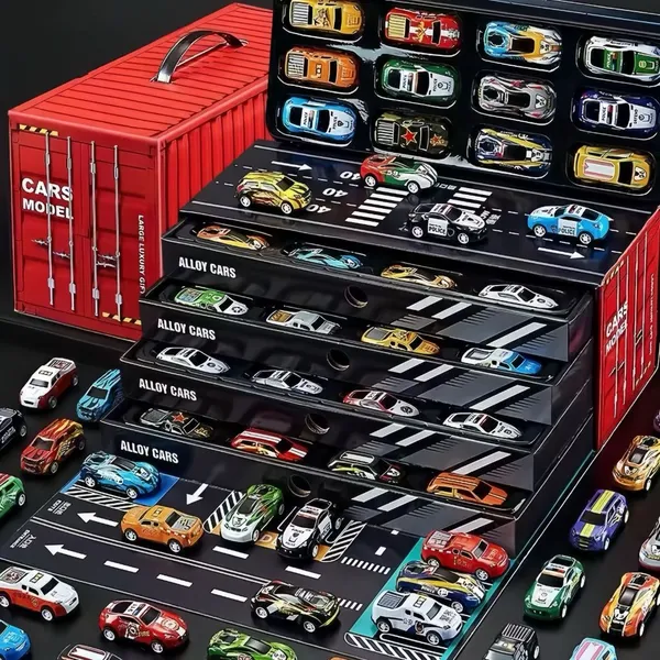 Kit 48 Carrinhos de Lata Metálica com Fricção - 8758 Coloridos Caixa Container  que Vira Pista