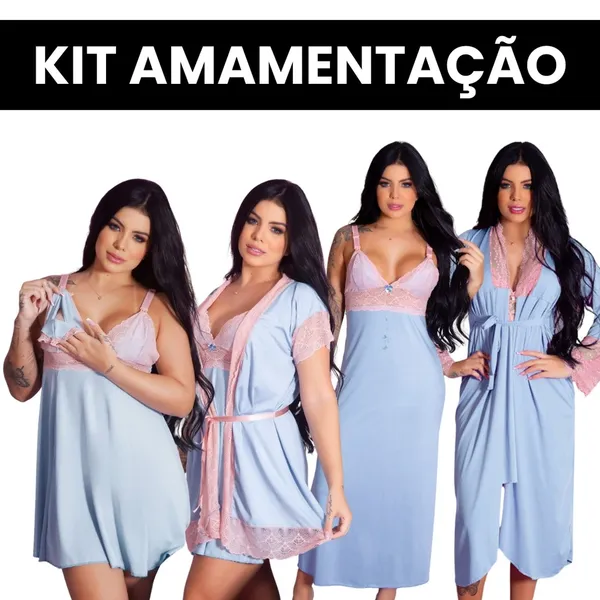 Kit Maternidade 4 Peças Robe e Camisola Amamentação Longa e Curta Gestante