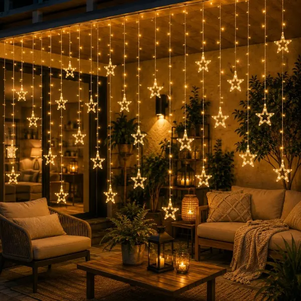 Cascata de Natal Estrelas Bivolt LEDs com 8 Funções em Cores