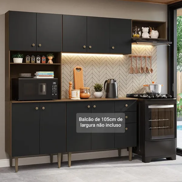 Armário de Cozinha Compacta 235cm Rustic/Preto Gourmet Madesa XC03