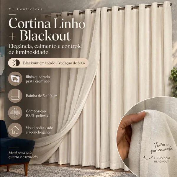 Cortina Voil Gaze de Linho com Forro Blackout 3,00 x 2,30/ 2,40/ 2,50/ 2,60/ 2,70/ 2,80 Varão