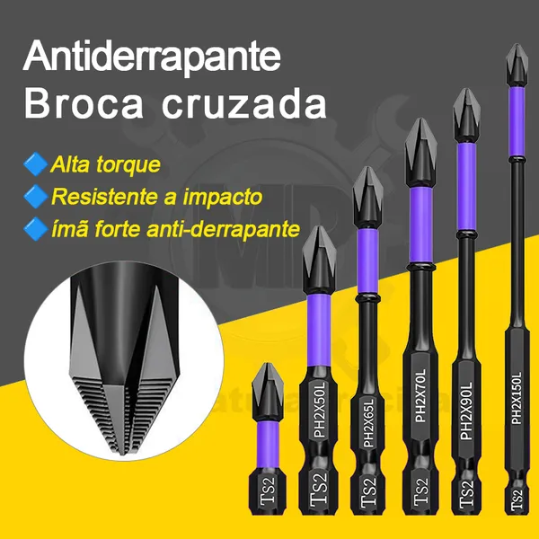 Kit 6 Pontas Phillips PH2 Pontas Impacto Anti Derrapante Encaixe Preciso Anti Choque (25-150mm)