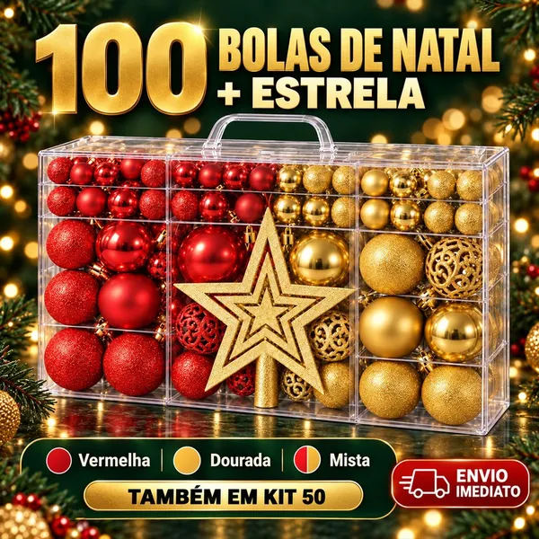 Kit 100 Bolas de Natal com Estrela ou Kit 50 Enfeite Árvore Vermelha Dourada Mista Fosca Glitter