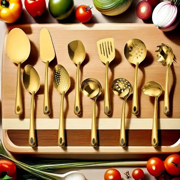 Conjunto com 11 Peças de Utensílios de Cozinha Banhados a Ouro