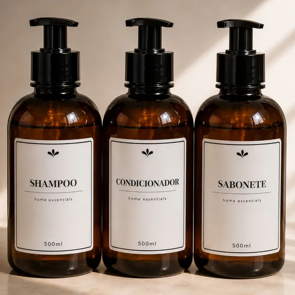 Kit 3 Dispensers Organizadores para Banheiro 500ml – Shampoo, Condicionador e Sabonete em Frascos PET Âmbar