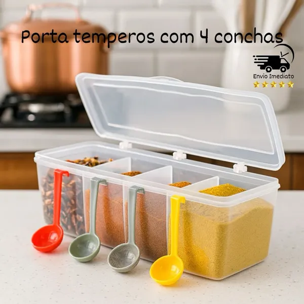 Pote Porta Temperos e Condimentos com 4 Conchas – Organizador com 4 Divisórias