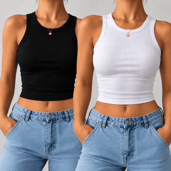 Kit 2 Cropped Regata Feminino Canelado Blusinha Básica Ribana Canelada algodão Verão Tendência Opção De Cores Academia