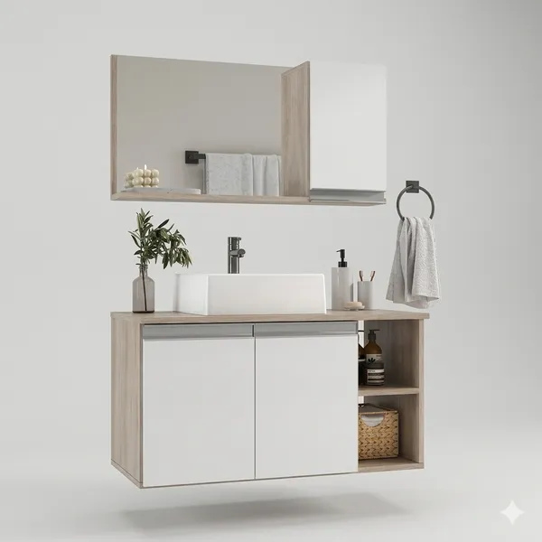 Conjunto Gabinete Banheiro Virtus 80cm TAMPO VIDRO (gabinete + cuba + espelheira+ tampo vidro)