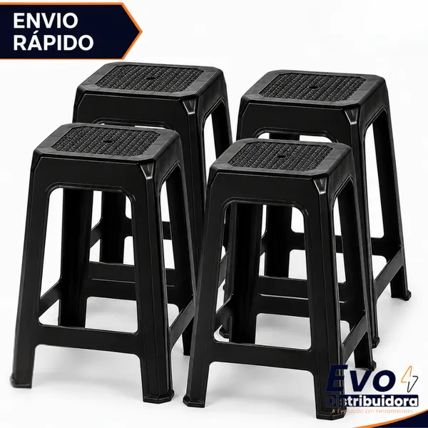 Kit 04 Unidades Banqueta Preta Plástica Reforçada Até 120Kg