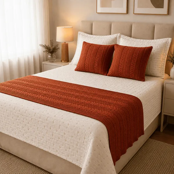 Kit Peseira Manta  Tricot com 2 Capas Almofadas Decoração Cama Posta Casal Queen King