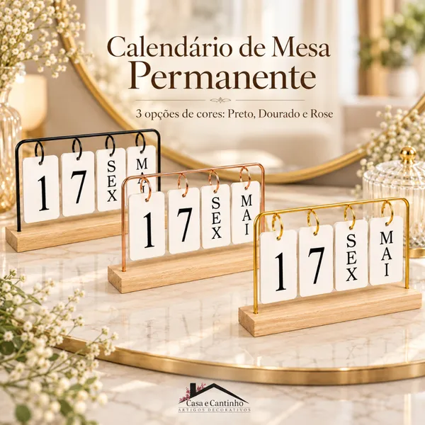 Calendário de Mesa Decorativo com Plaquinhas Preto/Dourado Permanente Escritório