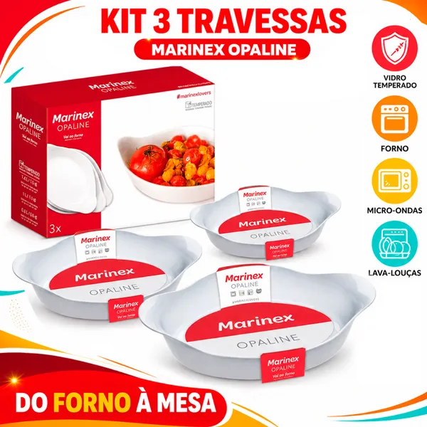 Conjunto Jogo de tigelas 3 peças Travessas Assadeira Oval Opaline Vidro Temperado kit tigela Branca