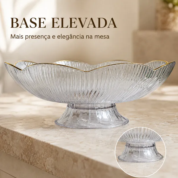 Fruteira de Mesa em Plástico Transparente Flor com Pé Borda Dourada Porta Frutas e Doces 23cm