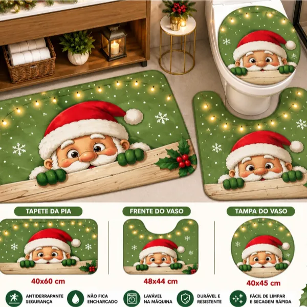 Kit 3 Tapete Banheiro Natal Antiderrapante 40x60 Papai Noel Floral - 3 Peças