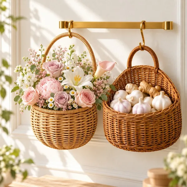 Cesto Organizador de Parede Trançado com Alça Decorativo Multiuso para Cozinha Banheiro Quarto