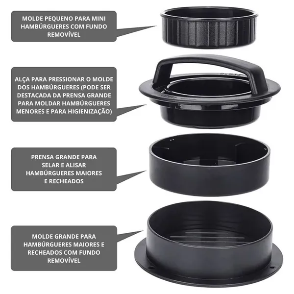 Kit 5 Formas Hambúrguer Perfeito, base removível para criar o seu!