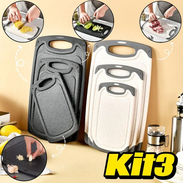 Kit 3 Tábuas de Carne e Legumes Antiderrapantes Culinária Prática para Cozinha