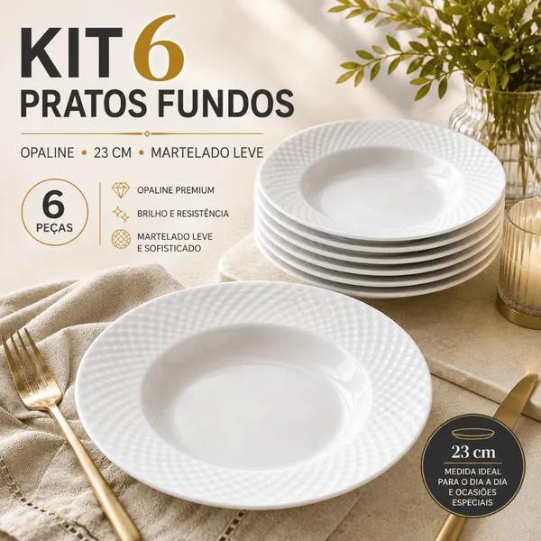Kit 6 Pratos Fundos 23cm Opaline Branca Borda Martelada