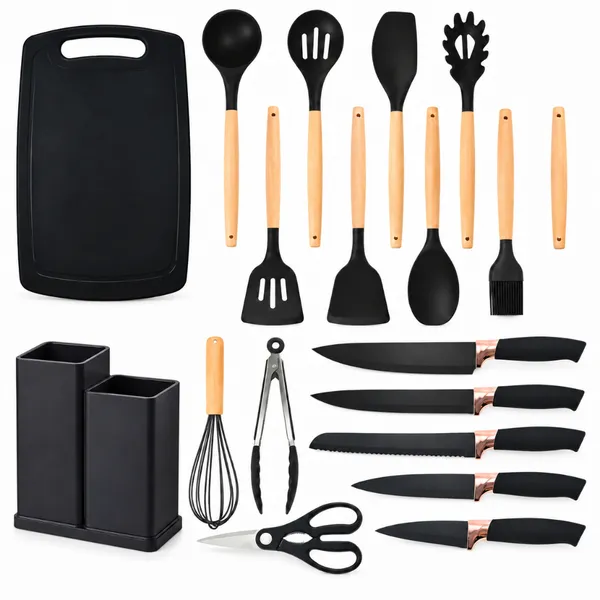 Kit Conjunto De 19 Peças Utensílios Cozinha Silicone Tabua Cor Preto