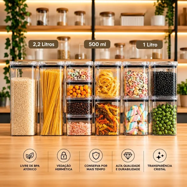 Escolha Seu Kit Potes Herméticos para Mantimentos de Cozinha Alimentos Armário Acrílico Plástico