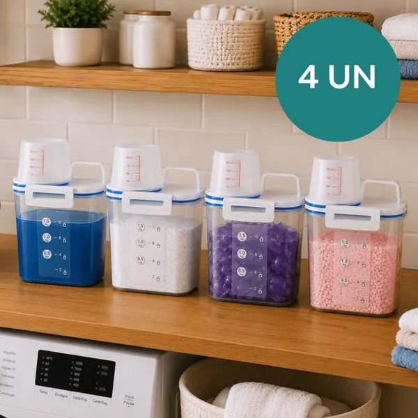 Kit 4 Potes Hermético 1,5L Com Bico Dosador Medidor Porta Sabão em Pó /Sabão Líquido/ Amaciante Lavanderia Organizador