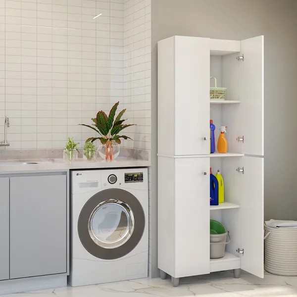 Armário Multiuso 4 Portas 184cm Parede | Suspenso ou com Pés Lavanderia Cozinha Área de Serviço Quarto Organizador