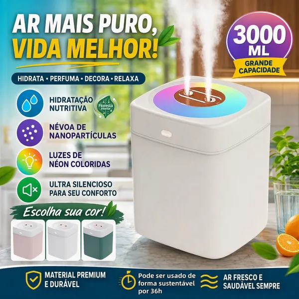 Umidificador Grande 3 Litros Saída Dupla Luzes LED's Coloridas Silencioso Aromatizador 3000ML