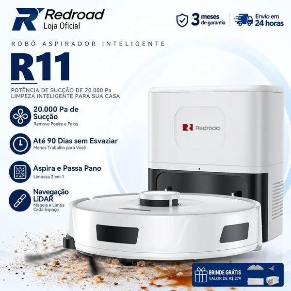 Robô Aspirador Passa Pano Redroad R11 Inteligente 20000Pa Autoesvaziável 3 em 1 App e Voz Silencioso Para Pets 127/220V