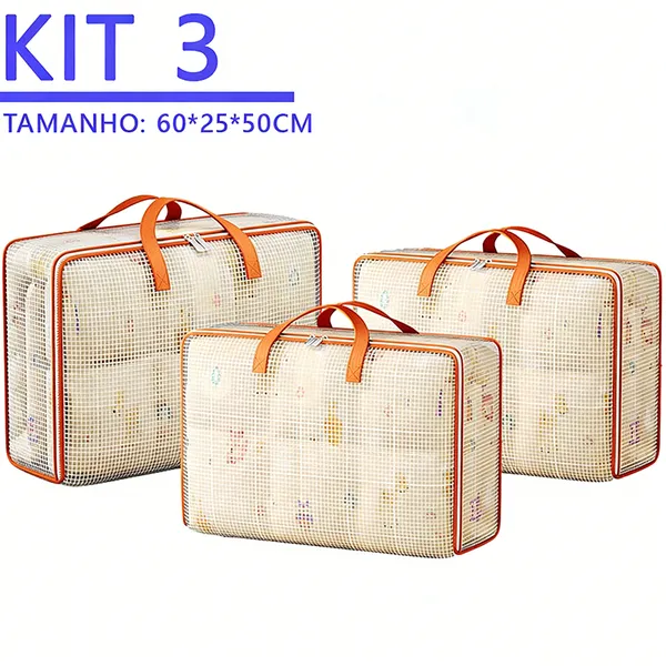 KIT 3 Saco Organizador para Edredom e Cobertor PVC Transparente 60x50x20cm Anti Poeira e Umidade
