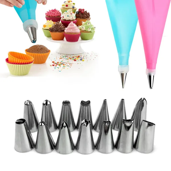 24 PÇS Conjunto de Saco de Confeiteira de Silicone com Bico para Decoração com Creme / Confeitaria / Açúcar