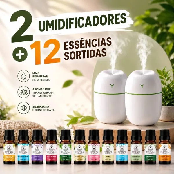 KIT ESSÊNCIAS 20ML + UMIDIFICADOR | AROMAS PARA CASA | PERFUME AMBIENTE