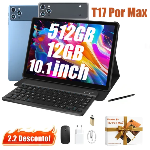 Tablet T17 Pro Max 10,1” Android 14 | 12GB RAM + 512GB | Câmera 32MP, teclado, mouse e case