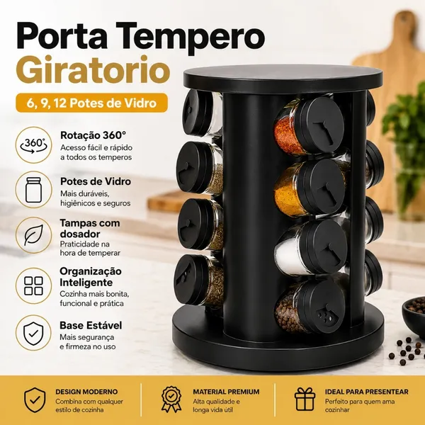 Porta Temperos Giratório 360 Graus 6, 9 ou 12 Potes de Vidro Organizador Cozinha Tampa Dosadora