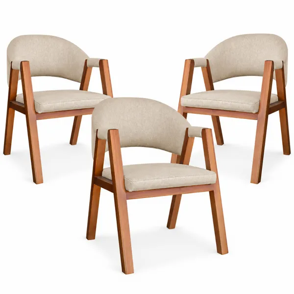 Kit 3 Cadeiras Madrid Para Sala de Jantar Madeira Maciça Luxo Linho e Courissimo