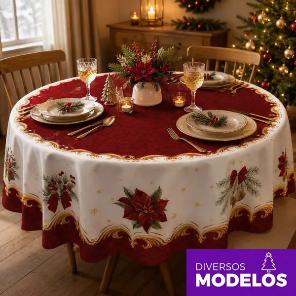 Toalha de Mesa Redonda Natal 4 Lugares em Tecido Oxford 1,40x1,40m