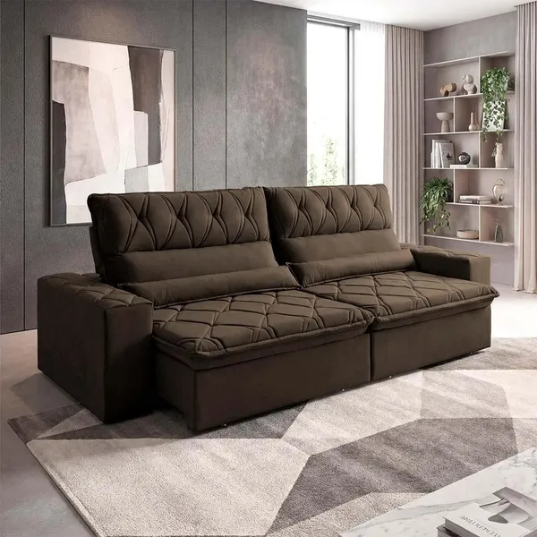 Sofá Retrátil/Reclinável França 3,00m Suede Velut Marrom c/ Molas no Assento - King House