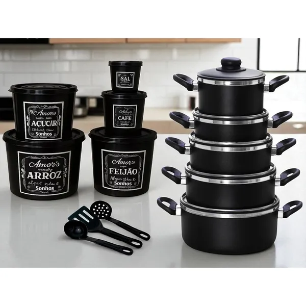 JOGO DE PANELAS Completo com POTE DE MANTIMENTOS para Cozinha