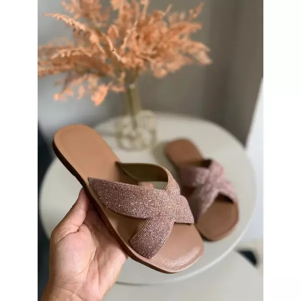 Sandalia Rasteirinha Feminina Glitter X Cruzada Chinelo Slide Confortável Casual Leve Moda Verão