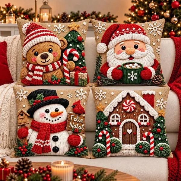 KIT 4 CAPAS DE ALMOFADAS DECORATIVAS NATAL ,PAPAI NOEL ,BONECO DE NEVE,RENA COLEÇÃO 2026
