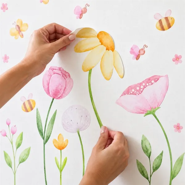 Adesivo de Parede Infantil Flores Aquarela e Abelhas De Recorte Floral