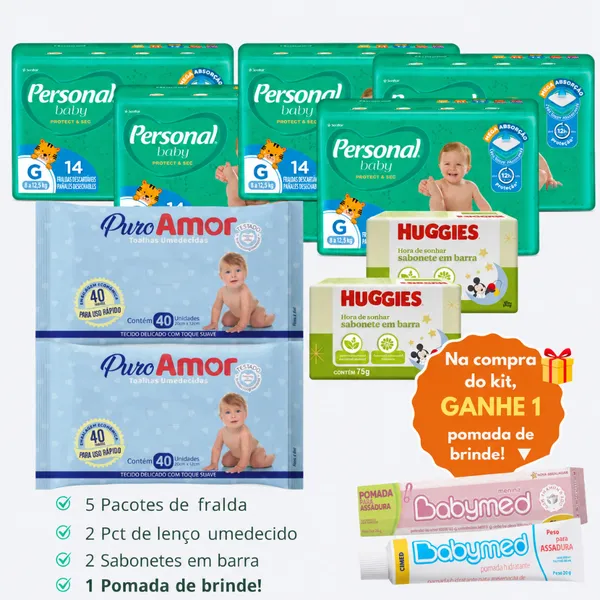 Kit 5 Pacotes Fralda Descartável Personal Baby + 2 Lenço Umedecido + 2 Sabonetes + 1 Pomada de Assadura