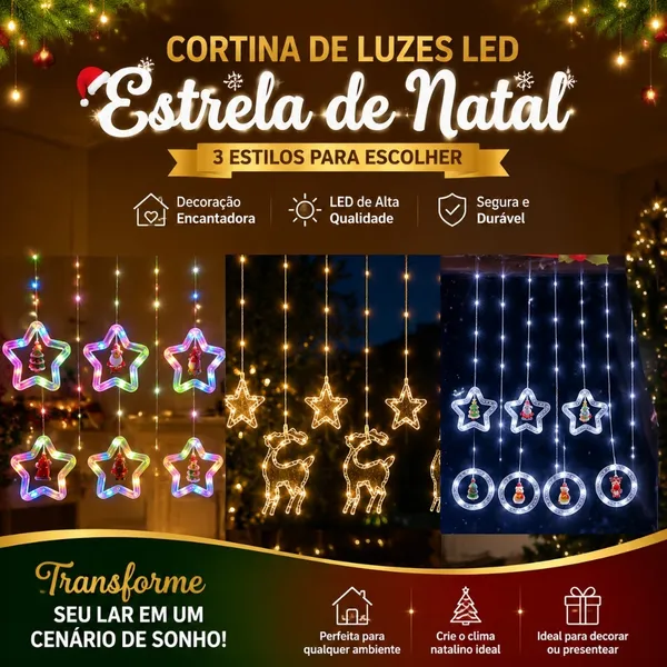 Cortina LED Cascata Pisca Pisca Bivolt 110V/220V RGB Estrela Lua Natal Decoração