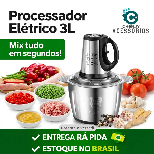 Picador De Alimentos 2L 3L Moedor Elétrico Triturador Potente Carne Legumes Temperos Inox 110v/220v