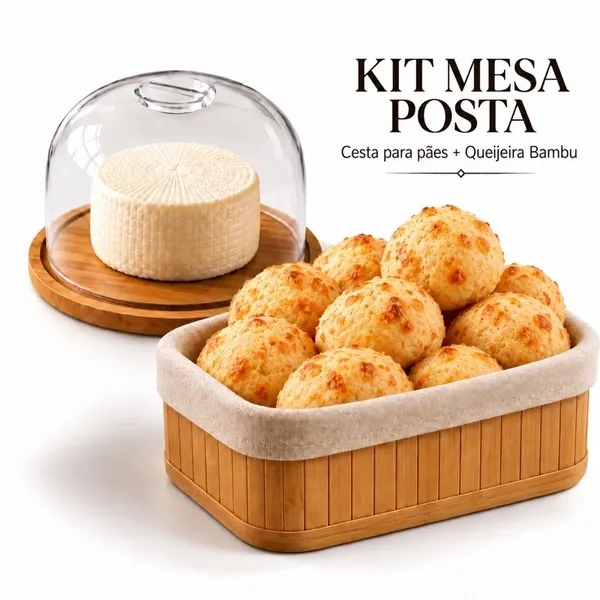 Kit Mesa Posta Queijeira Bambu Cesto de Pão Bandeja Café da Manhã Cozinha Petisqueira Porta Frios