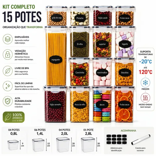 Kit 15 Potes Hermético Cadencia Mantimentos Quadrado Freezer Micro-ondas 22,4L Com Adesivos e Canetinha