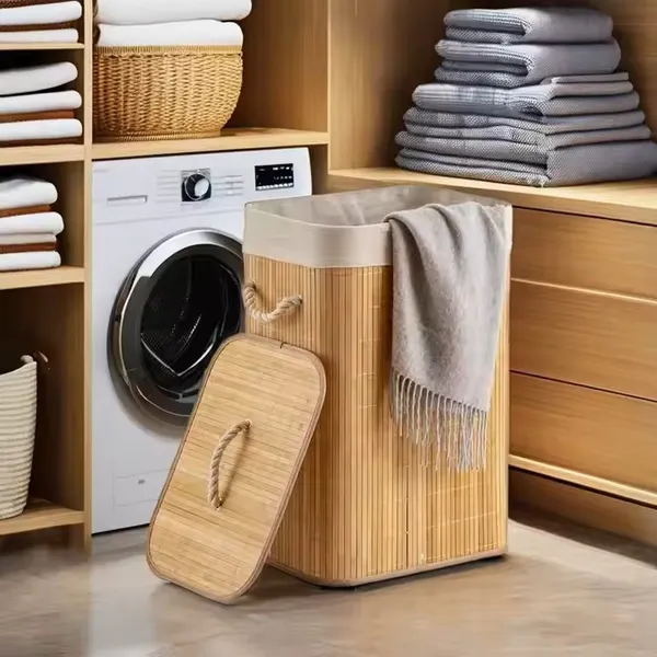 Cesto Roupa Bambu Retangular Redondo Com Tampa Cesto Oraganizador Roupa Suja Alças Banheiro Bege