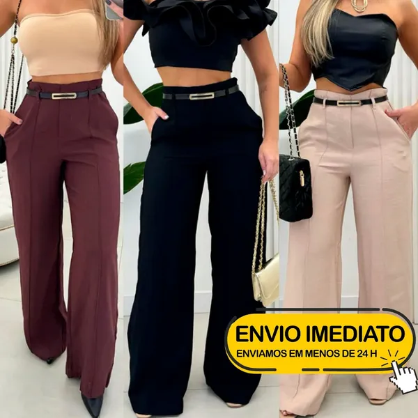 Calça Social Feminina Modelo Pantalona Alfaiataria Com Cinto Moda Luxo Blogueira Elegante