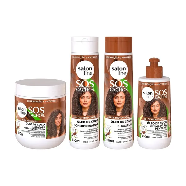 Kit SOS Cachos Coco – Shampoo + Condicionador + Creme de Pentear + Máscara Salon Line